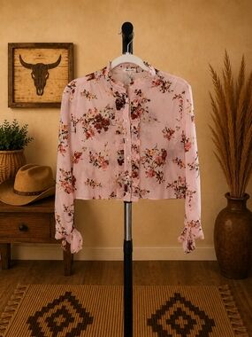 Blueh Ceil, Women's Pink And Rust Floral Ruffle Button-Front Blouse, L